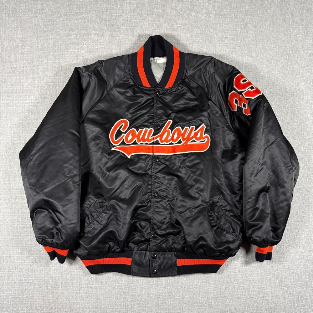 Vintage Cowboys Script Jacket Satin Nylon Varsity Bomber Black Orange 80s 90s XL